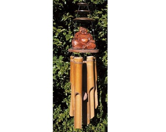 Buddha Wind Chime Natural Bamboo & Coconut Shell Fair Trade Sitting Buddha Hand Carved Eco Friendly 45cm Fair Trade XL