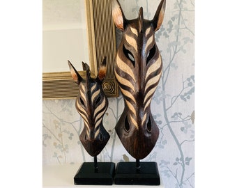 Carved Zebra Mask Natural on Plinth Wooden Hand Carved Art Fair Trade Hand Painted Jungle Animal African Safari Masks 2 Sizes
