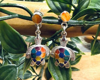 Peruvian Fair Trade 950 Sterling Silver Turtle Rainbow Earrings – Colorful Mosaic Dangle Studs – Artisan Handmade Statement Jewellery