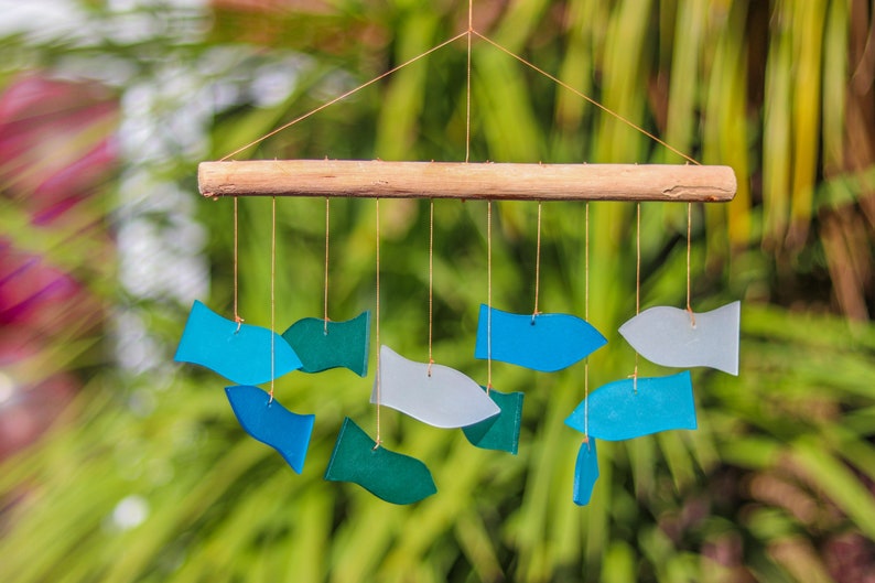 Swimming Fish Windchime Blue Wind Chime Mobile Hand Made Glass Garden Art Indoor Outdoor Multicolours image 2
