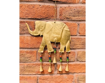 Elephant Iron Wind Chime with Glass Beads and Bells Multicoloured Garden Decor Windchimes Gift Hand Made Hanging Brass Cast Iron Handmade