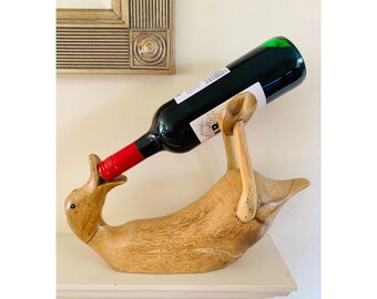 Drinking Duck Bottle Holder Wine Bottle Stand Hand Carved Fair Trade Wooden Bamboo Root Sculpture