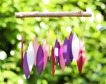 Small Glass Wind Chime Purple, Pink Leaves Windchime Garden Art Window Home Decor Mobile Suncatcher Fair Trade Gift