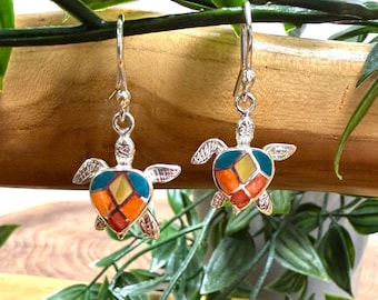 Peruvian Fair Trade 950 Sterling Silver Turtle Rainbow Earrings – Colorful Mosaic Dangle Studs – Artisan Handmade Statement Jewellery
