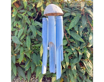 Blue Bamboo Windchime Handmade Coconut Bamboo Garden Wind chime Hanging Accessory Rustic Distressed Home Decor Pastel