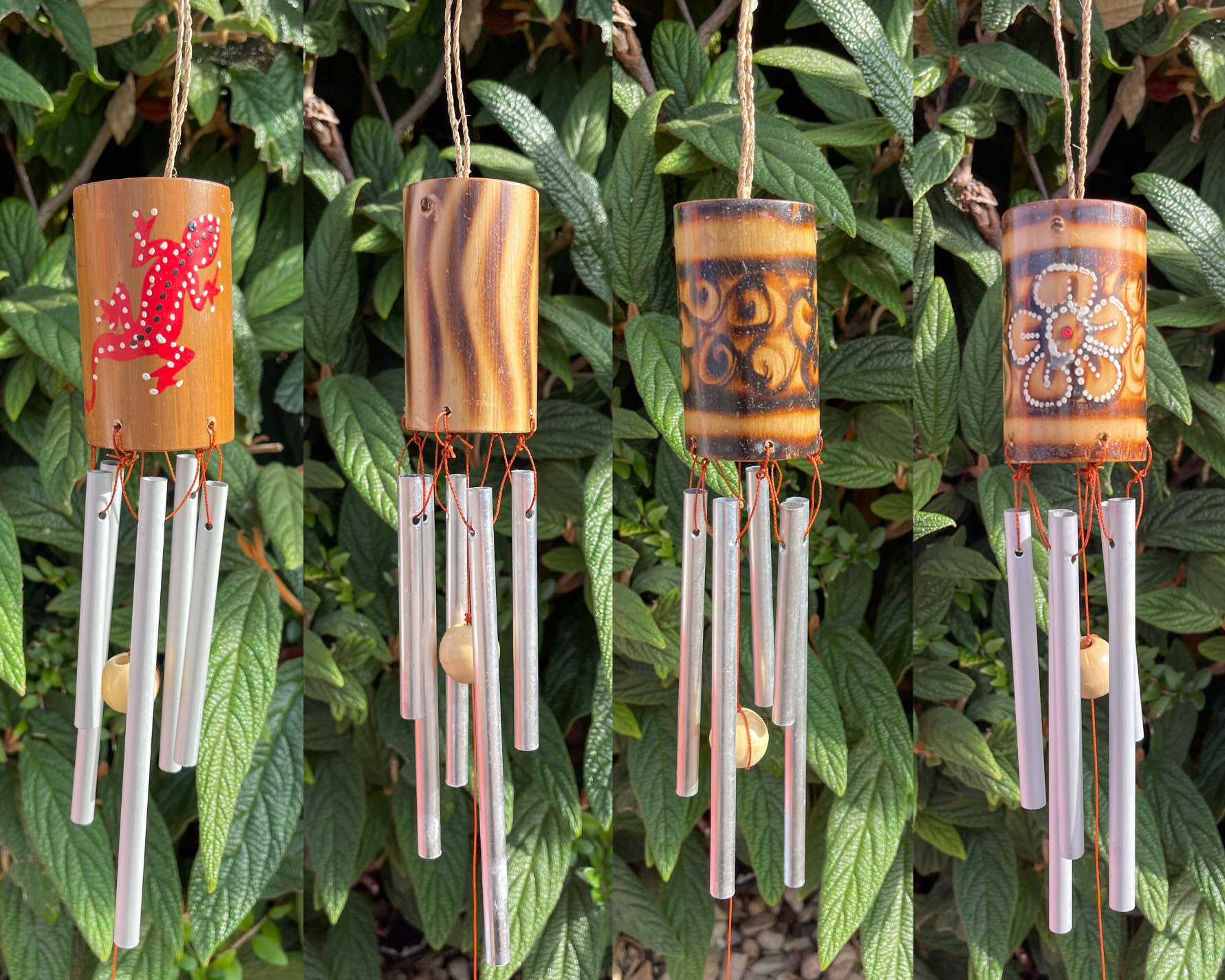 Carillon éolien en bambou avec tubes en métal, fleurs, gecko