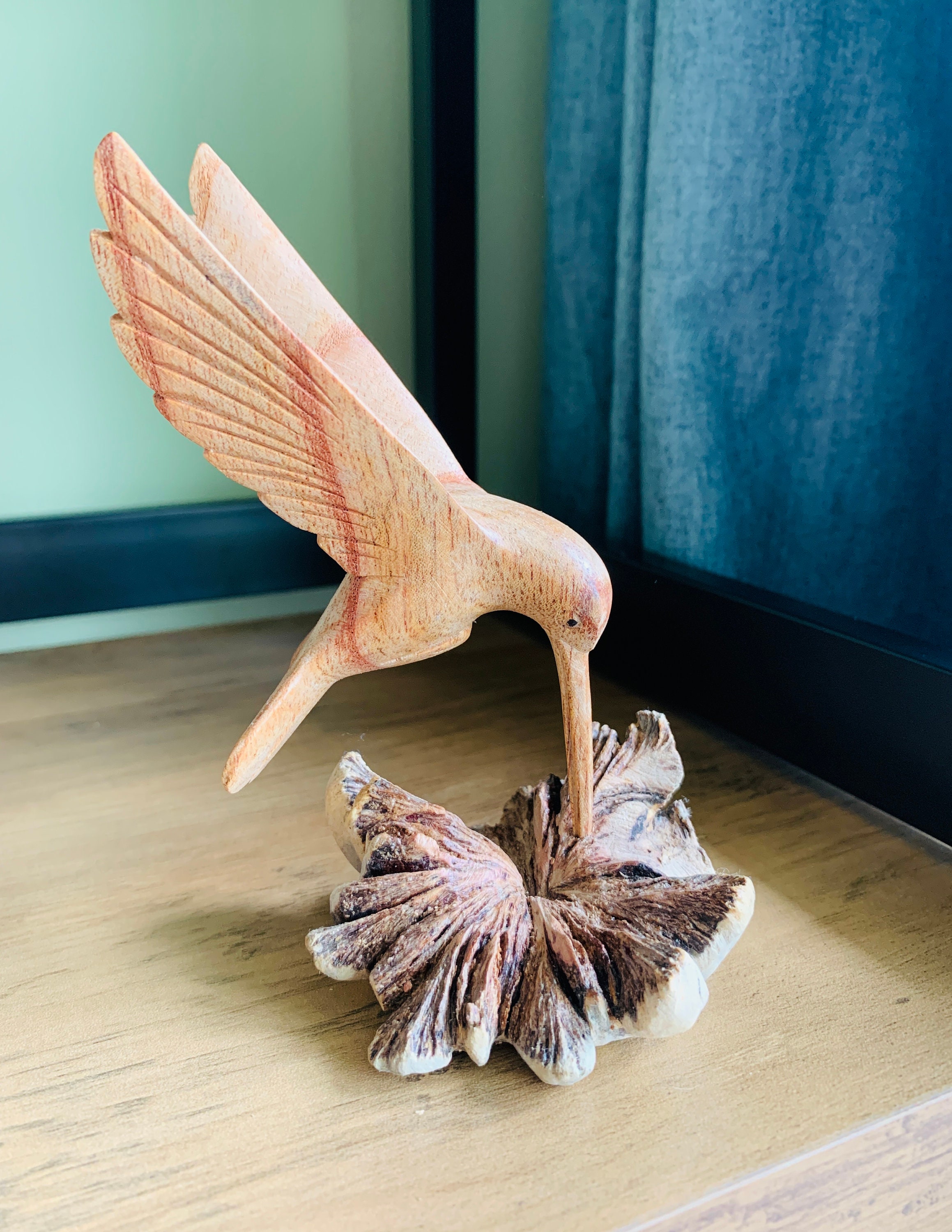Wooden Carved Hummingbird in Parasite Flower Ornament Natural Carving