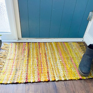 Yellow Chindi Rug - Recycled Cotton Indian Sustainable Boho Hippie Fairtrade Handmade Rainbow Textiles