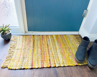 Yellow Chindi Rug - Recycled Cotton Indian Sustainable Boho Hippie Fairtrade Handmade Rainbow Textiles