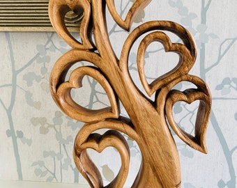 Wooden Heart Tree Ornament - Hand Carved Decorative for Home