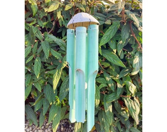 Green Bamboo Windchime Handmade Coconut Bamboo Garden Wind chime Hanging Accessory Rustic Distressed Home Decor