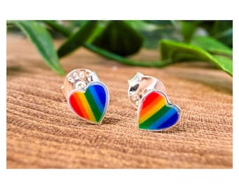 Sterling Silver 925 Rainbow Heart Stud Earrings from Thailand, Handmade, Minimalist Silver Studs, Gift for Her