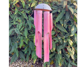 Pink Bamboo Windchime Handmade Coconut Bamboo Garden Wind chime Hanging Accessory Rustic Distressed Home Decor Pastel