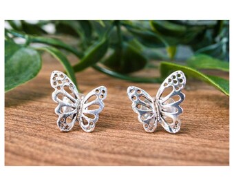 Sterling Silver 925 Butterfly Cut Out Stud Earrings from Thailand, Handmade Animal Earrings, Minimalist Silver Studs, Gift for Her
