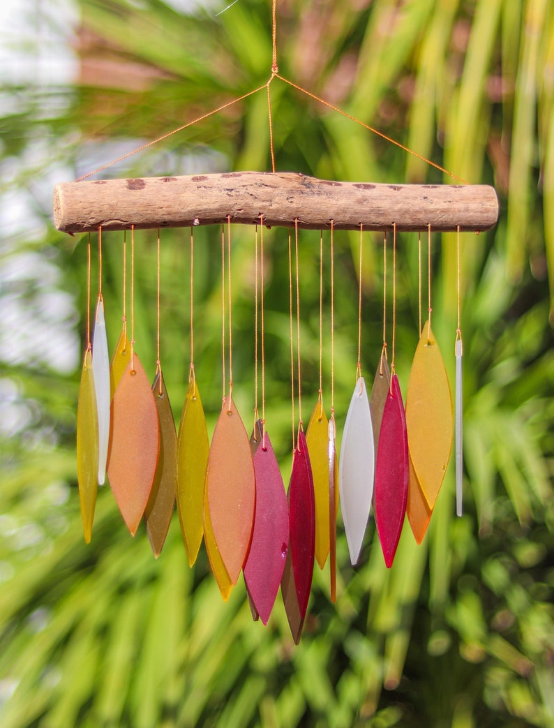 Glass Wind Chime Leaves Windchime Garden Art Home Decor Mobile Fair Trade Autum Fall Colours Gift image 1