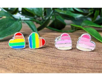 Sterling Silver 925 Heart Stud Earrings from Thailand, Handmade, Minimalist Silver Studs, Gift for Her Rainbow or Pink Pattern