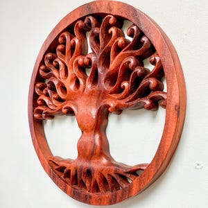 Tree of Life Wood Carving Plaque Wall Art Wooden Carved Circle Home Decor