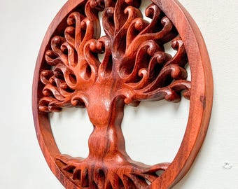 Tree of Life Wood Carving Plaque Wall Art Wooden Carved Circle Home Decor
