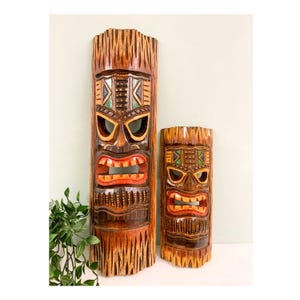 Hawaiian Tiki Mask Wall Hanging - Hand Carved Albesia Wood Decoration Tiki Bar Hut Man Cave Beach Bar Decor Wall Hanging Quirky Garden