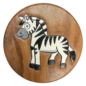 Childrens Wooden Stool Novelty Zebra Design Kids Stool Step Chair Fair Trade Hand Made And Carved Solid Wood Boys or Girls 26x26cm