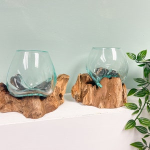 Melted Glass Bowl on Wood Fair Trade Handmade Ornament Various Sizes Unique Eco-friendly Recycled
