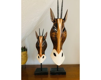 Gazelle Mask Natural on Plinth Wooden Hand Carved Art Fair Trade Hand Painted Jungle Animal African Safari Masks 2 Sizes