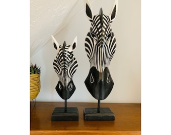 Zebra Mask Natural on Plinth Wooden Hand Carved Art Fair Trade Hand Painted Jungle Animal African Safari Masks 2 Sizes