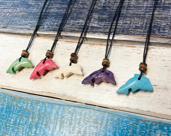 Stone Carved Dolphin Necklace Adjustable Pendant Choker Rope Beach Surf Ocean Boho Gemstone Whale Fairtrade Gift