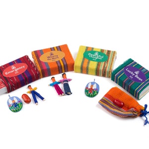 Worry Doll Kits Fairtrade Guatemalan - Handmade Gift Lucky Bean Worry No More Emergency Kit