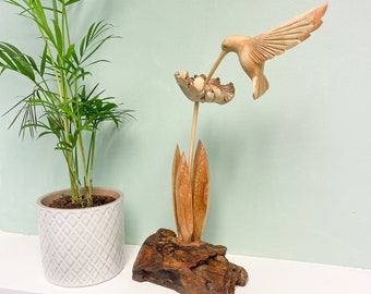 Wooden Hummingbird Ornament On Parasite Log Base Natural Fair Trade Wood Carved Indoor Home Decor Bird
