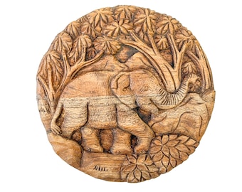 Wooden Elephant Wall Plaque - Hand Carved Wood Handmade Decorative Ornament Home Decor Circle Round Thai Wall Art - 20cm
