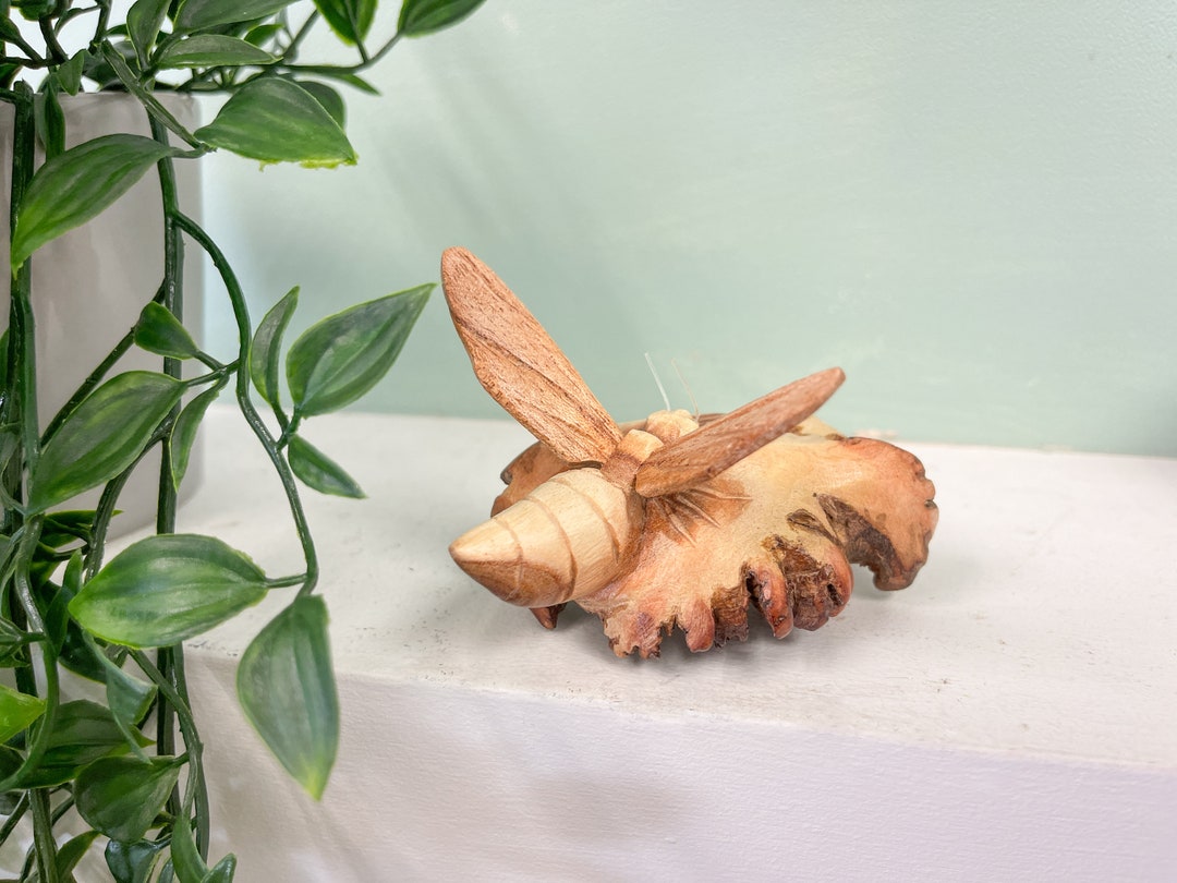 Wooden Bee Carving on Parasite Wood Base Hand Carved Ornamental Bees