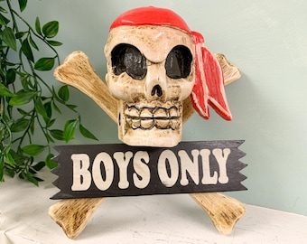 Wooden Pirate Sign Boys Only Wall Hanging - Hand Carved Wood Decoration Various Sizes