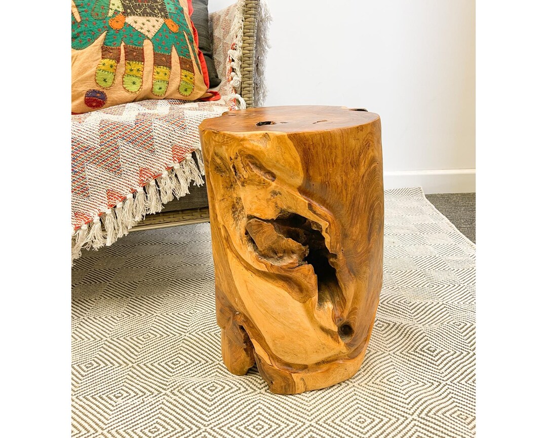 Teak Wood Round Stool Solid Wooden Teak Block Side Table Plant Stand ...