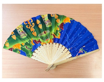 Traditional Balinese Batik Fan Handmade Folding Fan with Bamboo & Hand-Painted Fabric Colourful Tropical Design | Summer Accessory