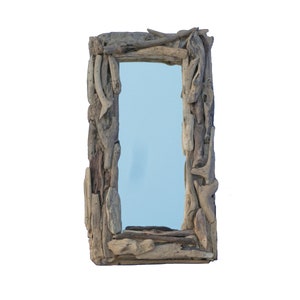 Rectangle Driftwood Mirror - Brown Rustic Beach Wood Nautical Handmade Wall Mounted Décor - 21 x 40 cm