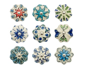 Ceramic Door Knobs Hand Painted Blue And White Flower Assorted Cupboards Chest of Drawers Set Patterned Flower Geometric Mandala