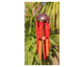 Bamboo Wind Chime in Red Bamboo & Coconut - Handmade Hanging Garden Decor Accessory Fairtrade Sustainable Windchime - 30 cm