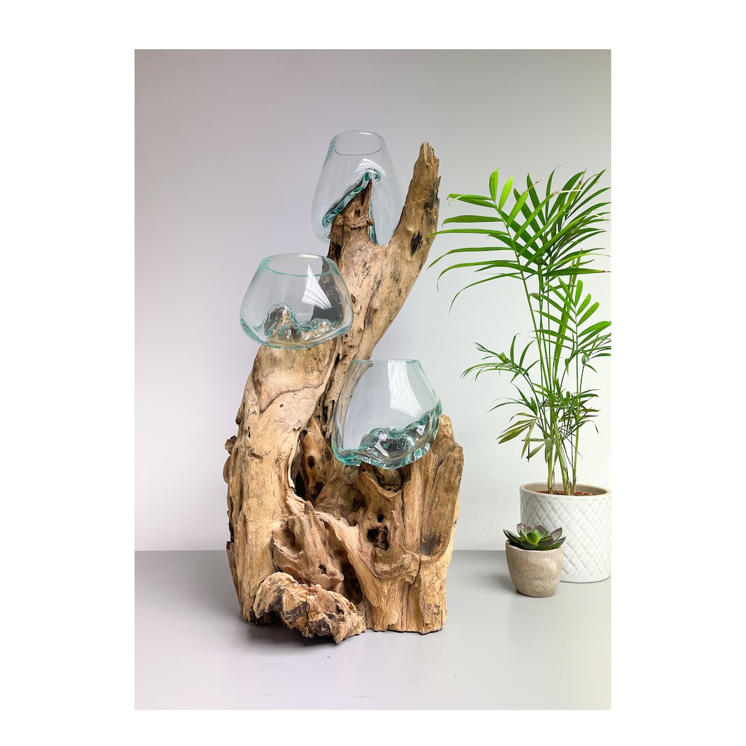 Triple Melted Glass Bowl on Driftwood Fair Trade Handmade Ornament Unique Ecofriendly Recycled