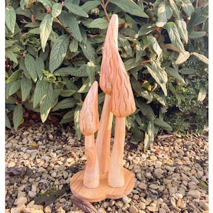Wooden Carved Mushrooms on Base - Garden Outdoor Decor Wood Handmade Statue Sculpture Ornament