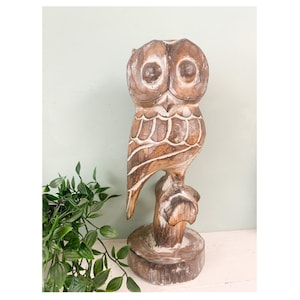 Natural Wooden Owl Ornament Hand Carved & Painted Wooden Bird Carving Sculpture Indoor Fair Trade 35cm