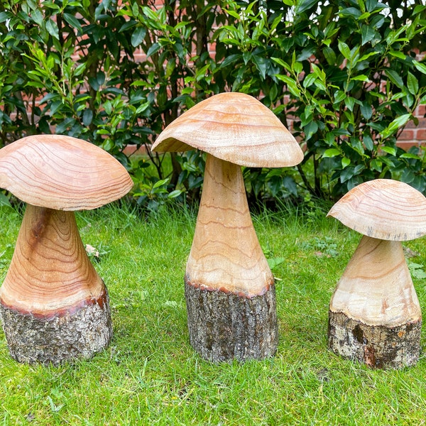 Wooden Carved Mushrooms Set of 3 - Garden Outdoor Decor Wood Handmade Statue Sculpture Ornament Natural