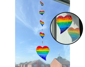 Rainbow Heart String Suncatcher 6 Hearts Window Decor Patio Kids Bedroom Decoration Rainbow Colours 82cm Fair Trade Gift