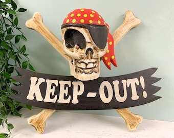 Wooden Pirate Sign Keep Out Wall Hanging - Hand Carved Wood Decoration Various Sizes