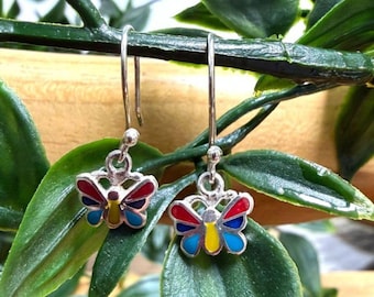 Peruvian Fair Trade 950 Sterling Silver Butterfly Rainbow Earrings – Colorful Mosaic Dangle Studs – Artisan Handmade Statement Jewellery