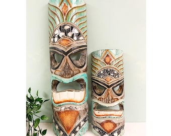 Hawaiian Tiki Mask Wall Hanging - Hand Carved Albesia Wood Decoration Tiki Bar Hut Man Cave Beach Bar Decor Wall Hanging Quirky Garden