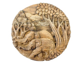 Wooden Elephant Wall Plaque - Hand Carved Wood Handmade Decorative Ornament Home Decor Circle Round Thai Wall Art Elephant Family - 20cm
