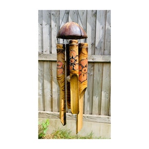 Bamboo Wind Chime with Red Flower Natural Bamboo & Coconut Shell Fair Trade 50cm