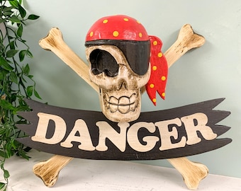 Wooden Pirate Sign Danger Wall Hanging - Hand Carved Wood Decoration Various Sizes