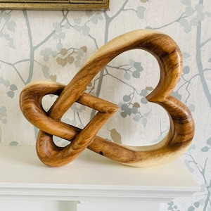 Intertwined Heart in Brown Wood - Hand Carved Decorative Ornament for Home